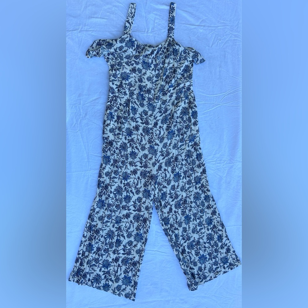 LOFT Blue & White Plus Trellis Garden Ruffle Jumpsuit size 14